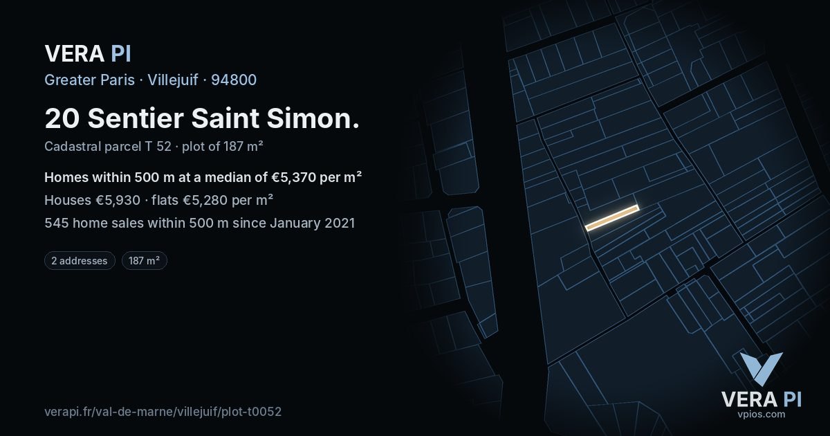 20 Sentier Saint Simon, Villejuif at night – the plot lit, the parcels around coloured by the prices near them