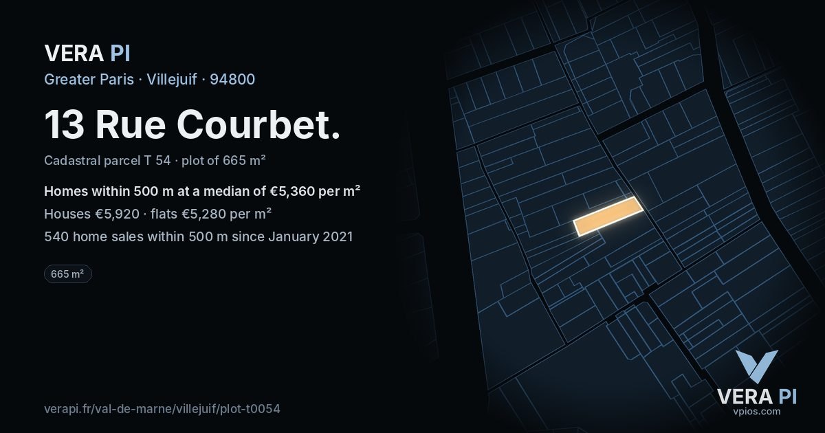 13 Rue Courbet, Villejuif at night – the plot lit, the parcels around coloured by the prices near them
