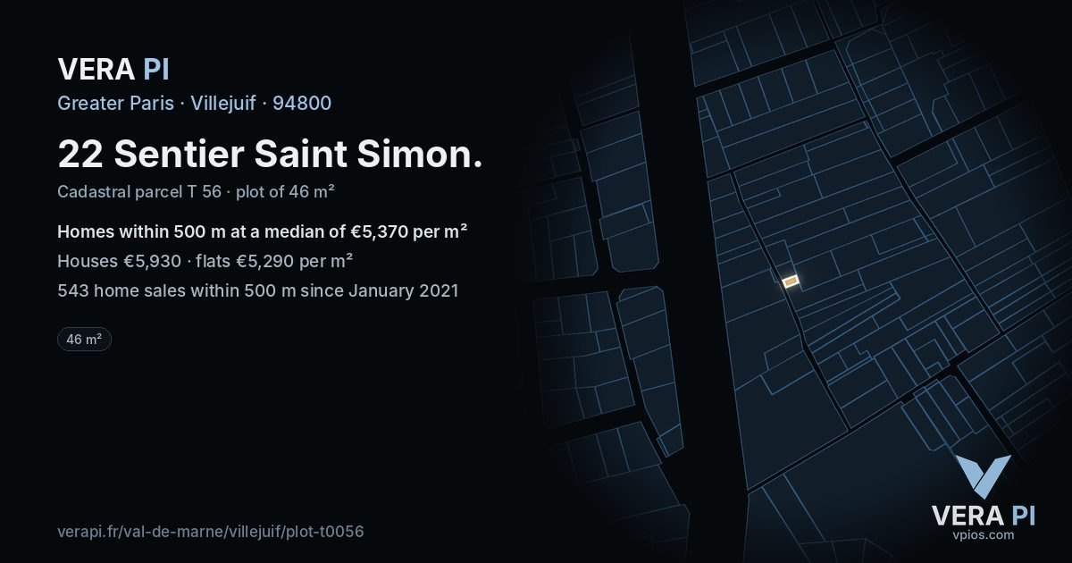 22 Sentier Saint Simon, Villejuif at night – the plot lit, the parcels around coloured by the prices near them