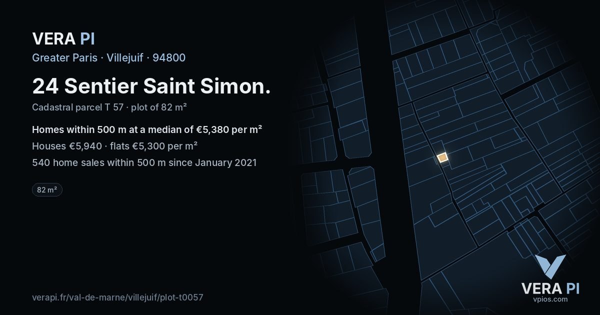 24 Sentier Saint Simon, Villejuif at night – the plot lit, the parcels around coloured by the prices near them