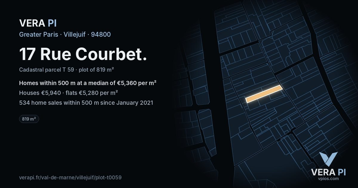 17 Rue Courbet, Villejuif at night – the plot lit, the parcels around coloured by the prices near them
