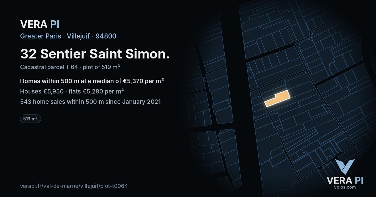 32 Sentier Saint Simon, Villejuif at night – the plot lit, the parcels around coloured by the prices near them