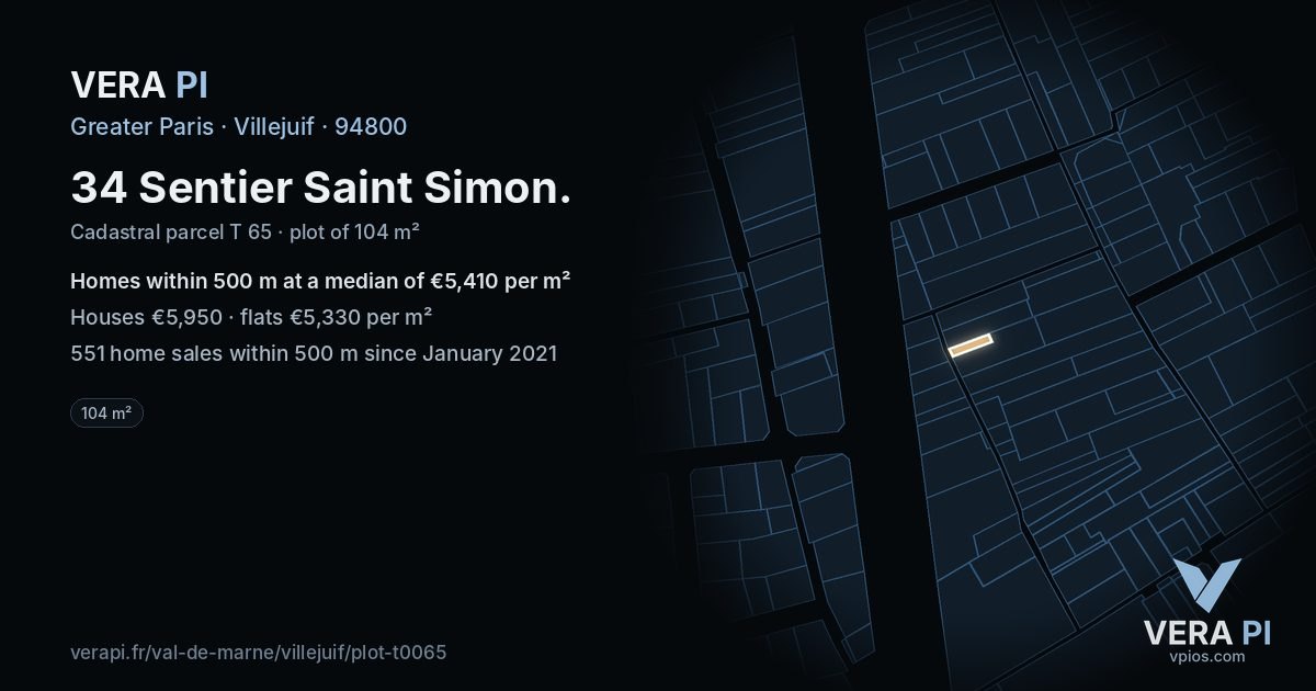 34 Sentier Saint Simon, Villejuif at night – the plot lit, the parcels around coloured by the prices near them