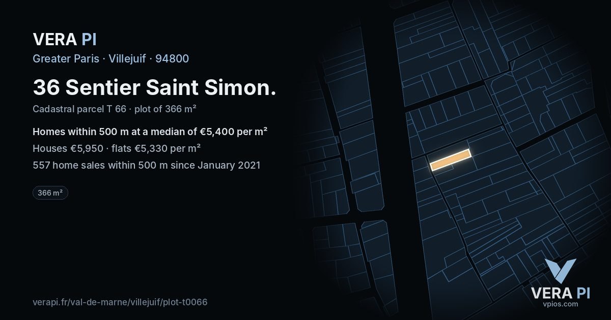 36 Sentier Saint Simon, Villejuif at night – the plot lit, the parcels around coloured by the prices near them