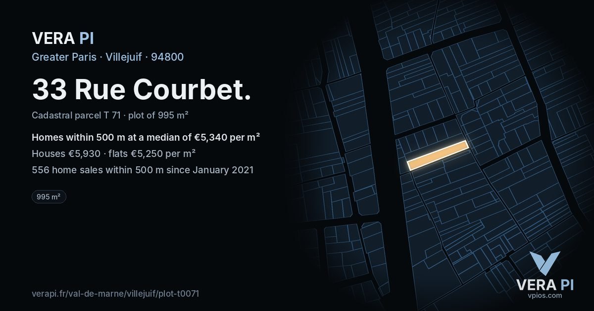 33 Rue Courbet, Villejuif at night – the plot lit, the parcels around coloured by the prices near them