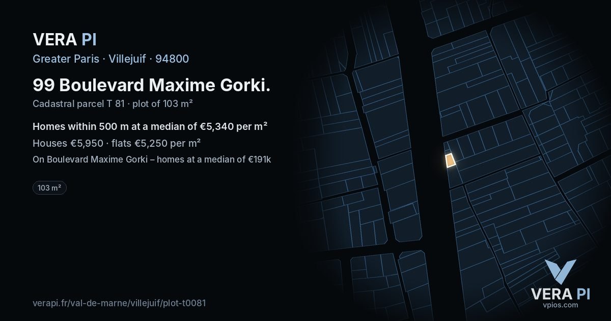 99 Boulevard Maxime Gorki, Villejuif at night – the plot lit, the parcels around coloured by the prices near them