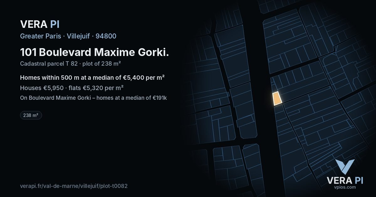 101 Boulevard Maxime Gorki, Villejuif at night – the plot lit, the parcels around coloured by the prices near them