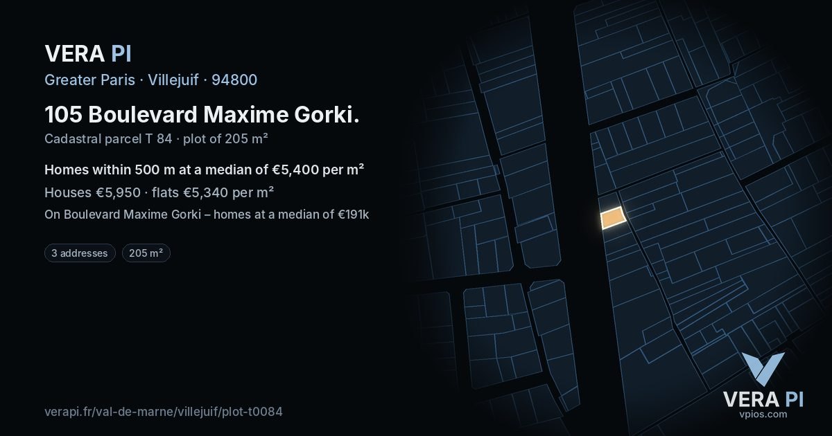 105 Boulevard Maxime Gorki, Villejuif at night – the plot lit, the parcels around coloured by the prices near them