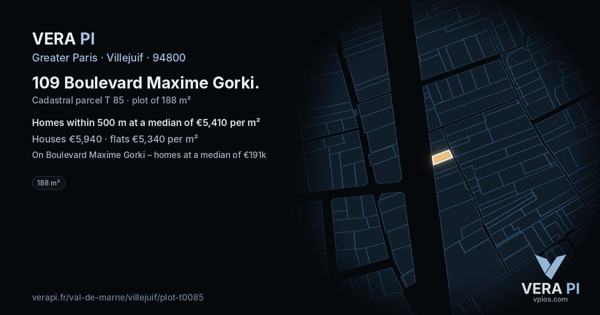 109 Boulevard Maxime Gorki, Villejuif at night – the plot lit, the parcels around coloured by the prices near them