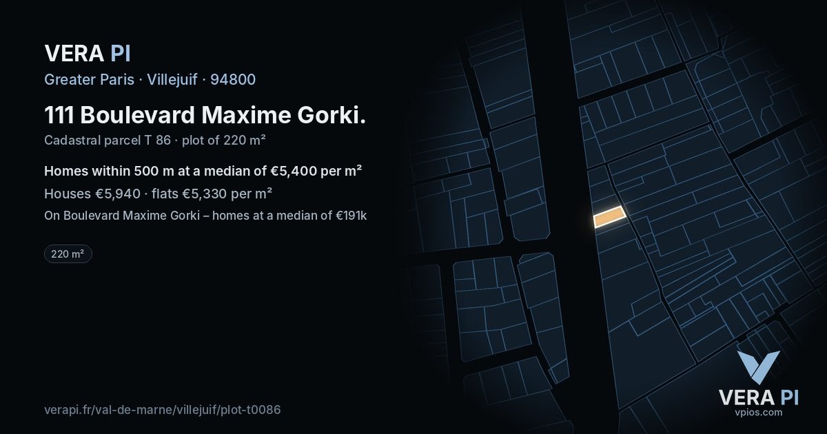 111 Boulevard Maxime Gorki, Villejuif at night – the plot lit, the parcels around coloured by the prices near them