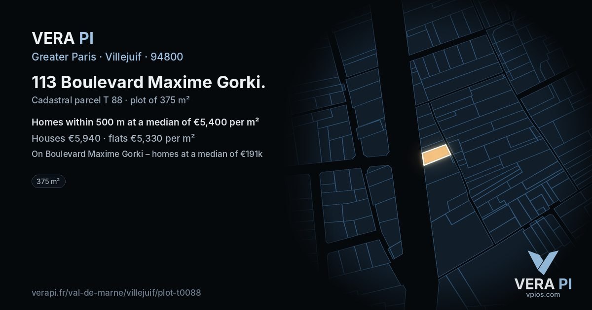 113 Boulevard Maxime Gorki, Villejuif at night – the plot lit, the parcels around coloured by the prices near them
