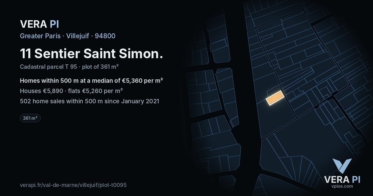 11 Sentier Saint Simon, Villejuif at night – the plot lit, the parcels around coloured by the prices near them