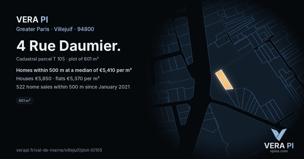 4 Rue Daumier, Villejuif at night – the plot lit, the parcels around coloured by the prices near them