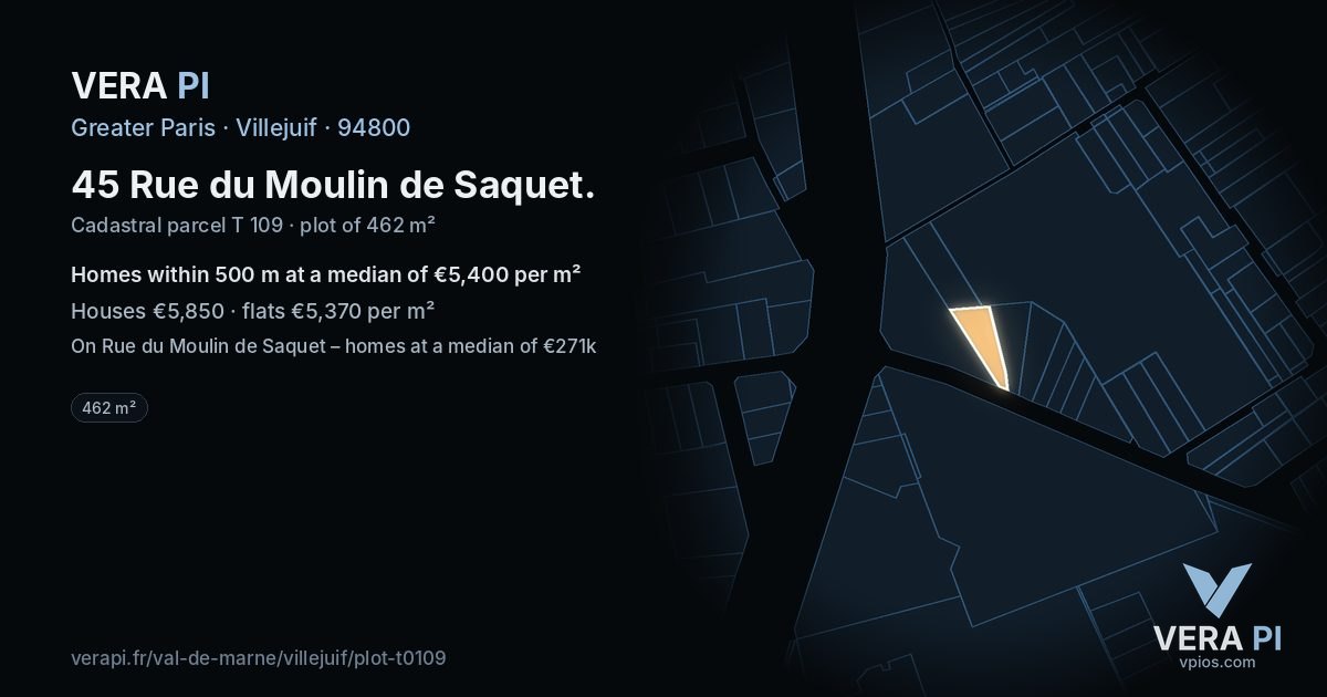 45 Rue du Moulin de Saquet, Villejuif at night – the plot lit, the parcels around coloured by the prices near them