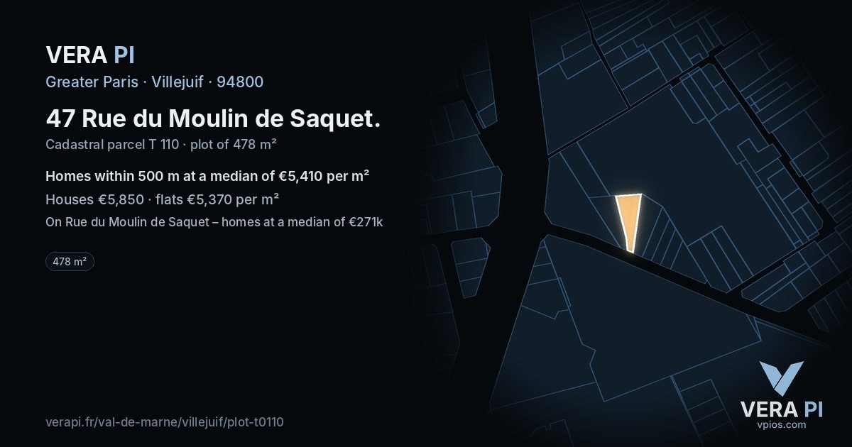 47 Rue du Moulin de Saquet, Villejuif at night – the plot lit, the parcels around coloured by the prices near them