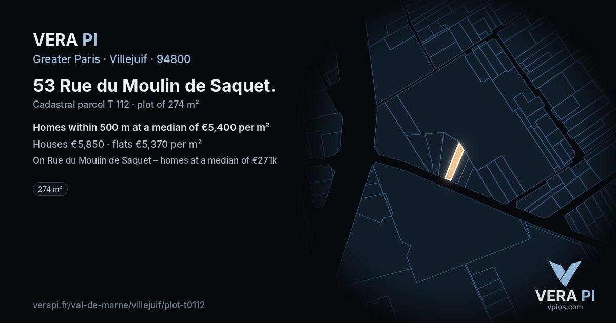 53 Rue du Moulin de Saquet, Villejuif at night – the plot lit, the parcels around coloured by the prices near them