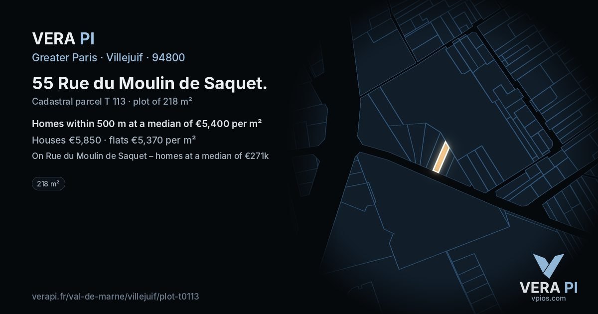 55 Rue du Moulin de Saquet, Villejuif at night – the plot lit, the parcels around coloured by the prices near them