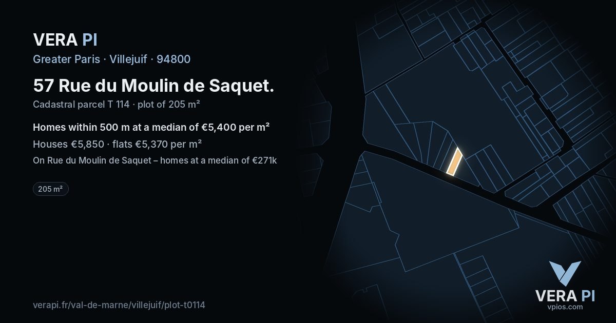 57 Rue du Moulin de Saquet, Villejuif at night – the plot lit, the parcels around coloured by the prices near them