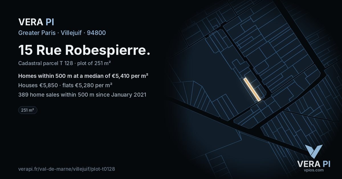 15 Rue Robespierre, Villejuif at night – the plot lit, the parcels around coloured by the prices near them