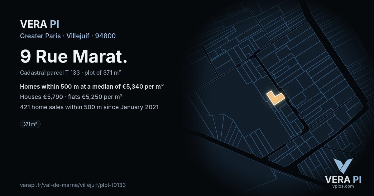 9 Rue Marat, Villejuif at night – the plot lit, the parcels around coloured by the prices near them