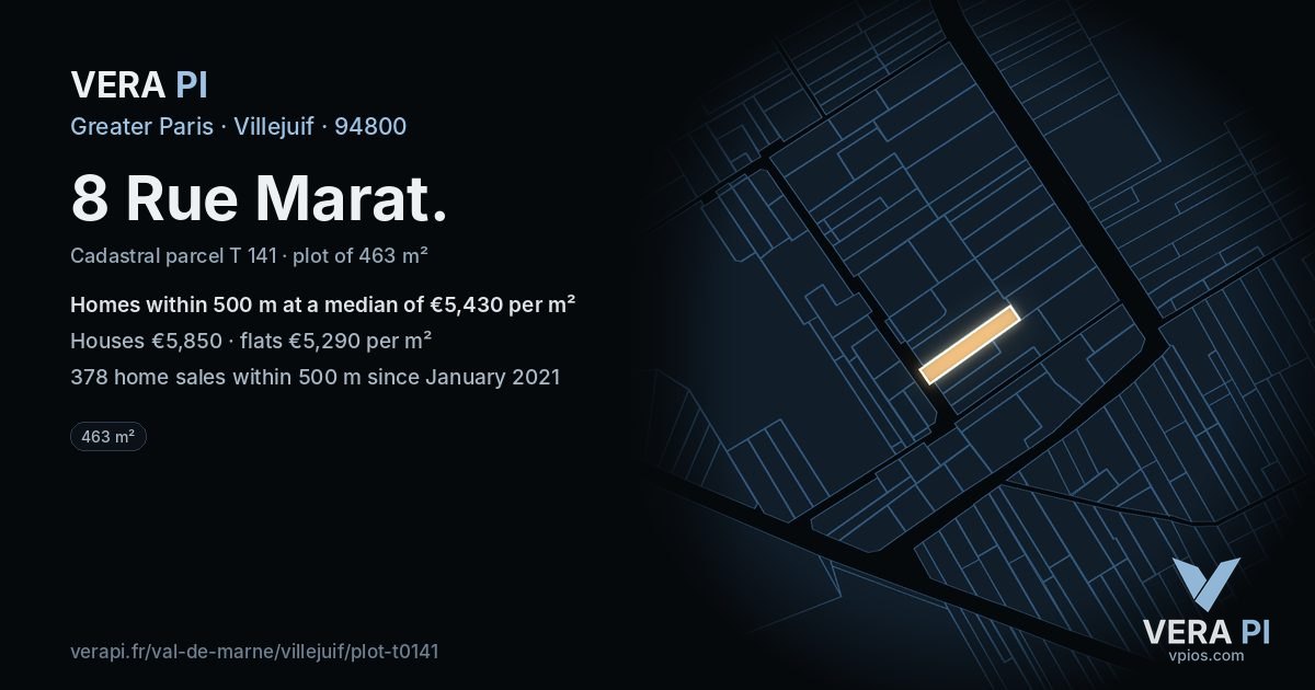 8 Rue Marat, Villejuif at night – the plot lit, the parcels around coloured by the prices near them