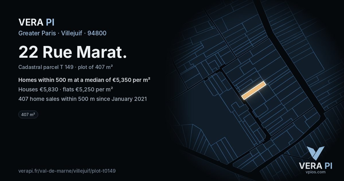 22 Rue Marat, Villejuif at night – the plot lit, the parcels around coloured by the prices near them