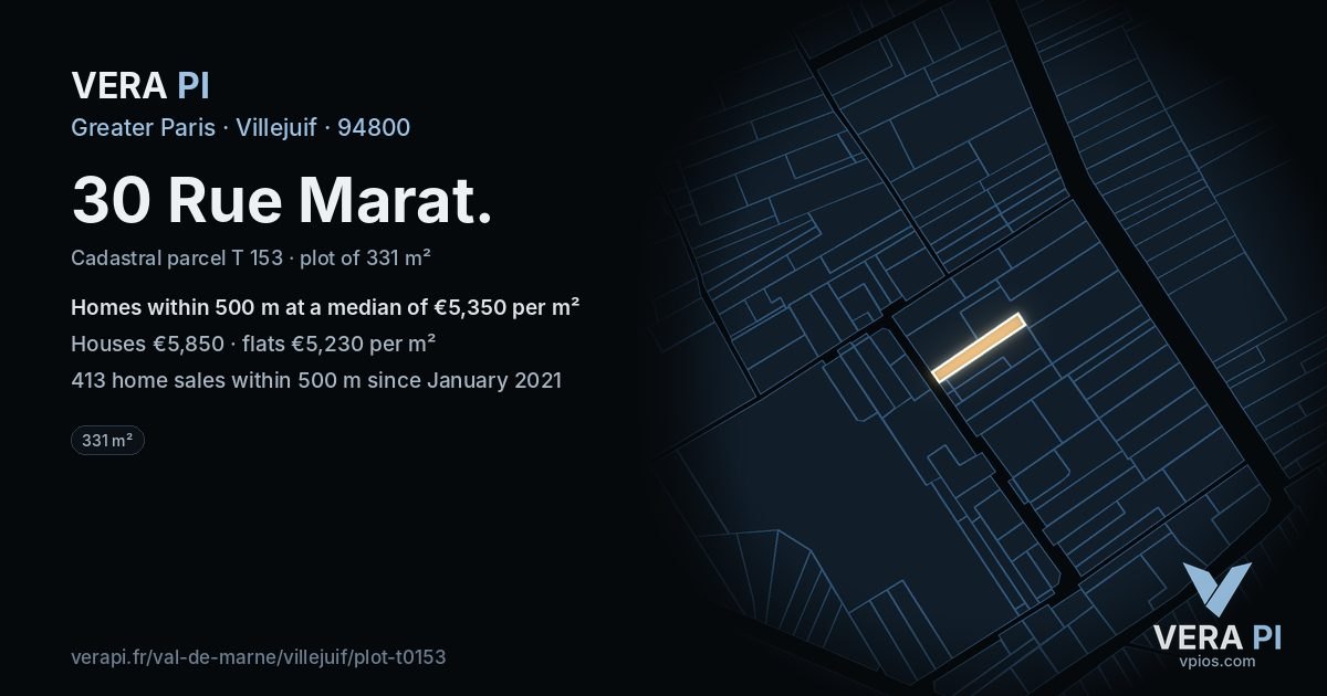 30 Rue Marat, Villejuif at night – the plot lit, the parcels around coloured by the prices near them