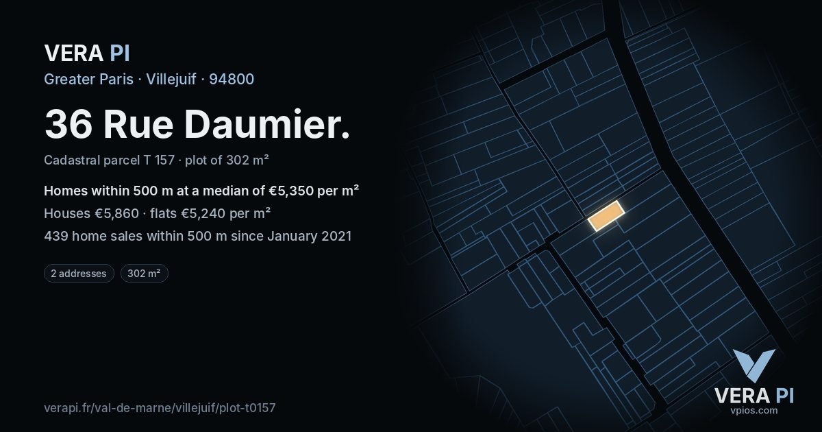 36 Rue Daumier, Villejuif at night – the plot lit, the parcels around coloured by the prices near them