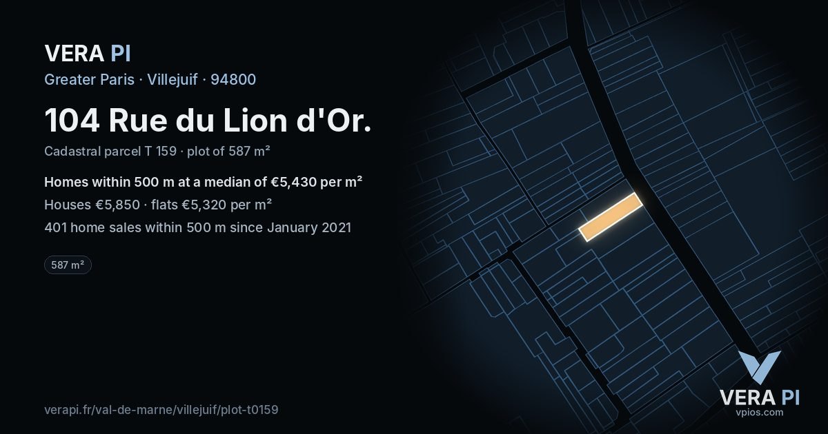104 Rue du Lion d'Or, Villejuif at night – the plot lit, the parcels around coloured by the prices near them