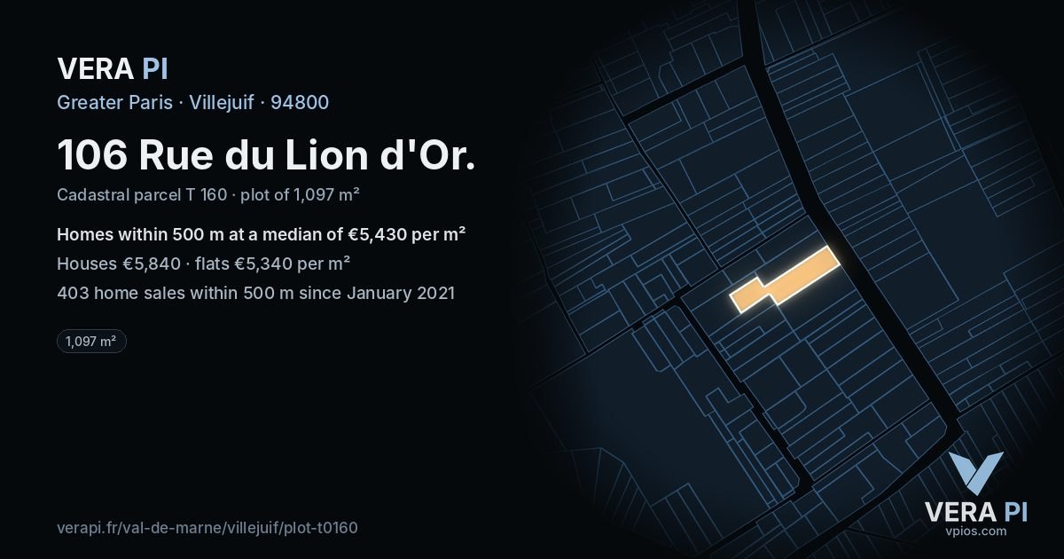 106 Rue du Lion d'Or, Villejuif at night – the plot lit, the parcels around coloured by the prices near them