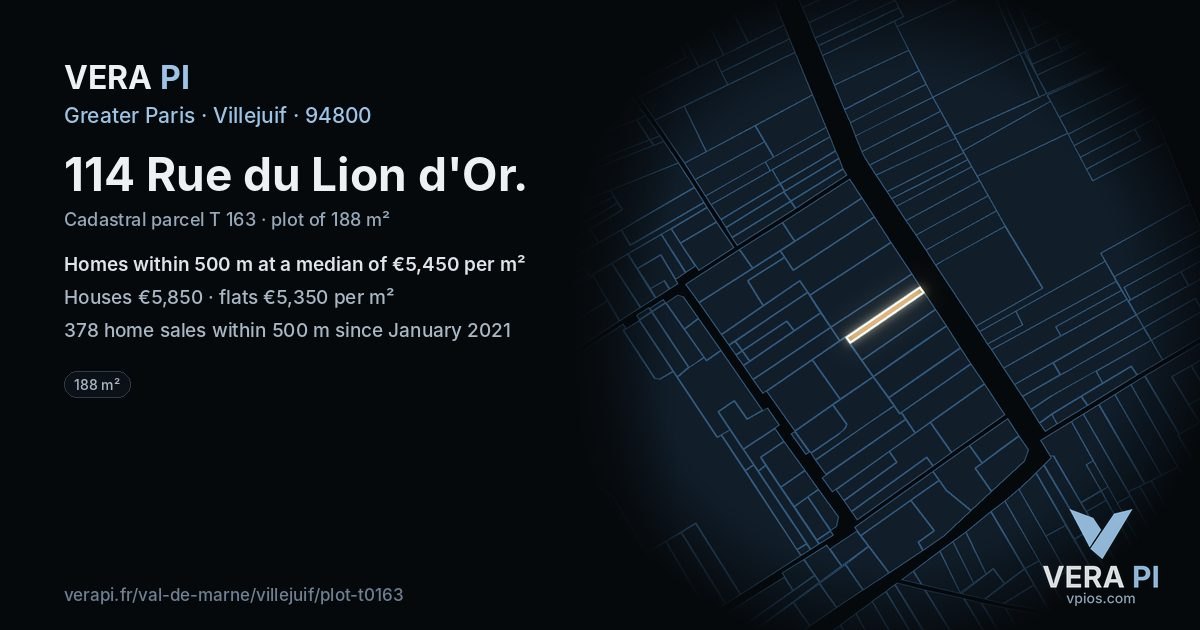 114 Rue du Lion d'Or, Villejuif at night – the plot lit, the parcels around coloured by the prices near them