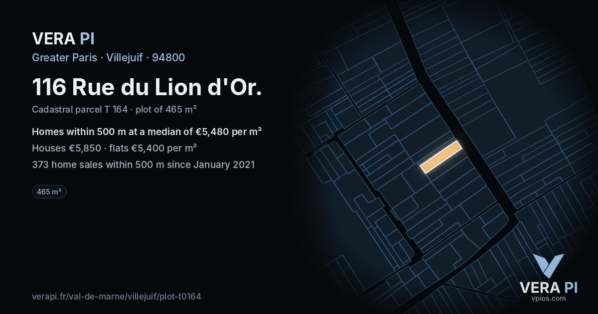 116 Rue du Lion d'Or, Villejuif at night – the plot lit, the parcels around coloured by the prices near them