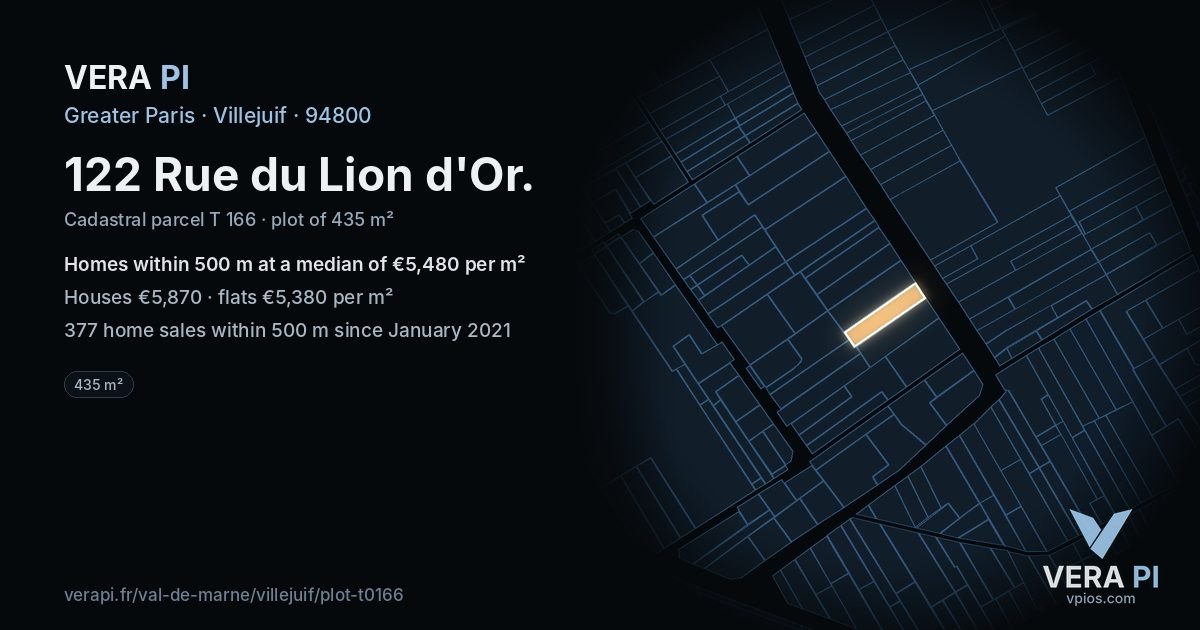 122 Rue du Lion d'Or, Villejuif at night – the plot lit, the parcels around coloured by the prices near them