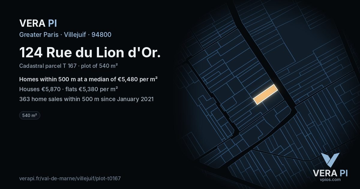 124 Rue du Lion d'Or, Villejuif at night – the plot lit, the parcels around coloured by the prices near them