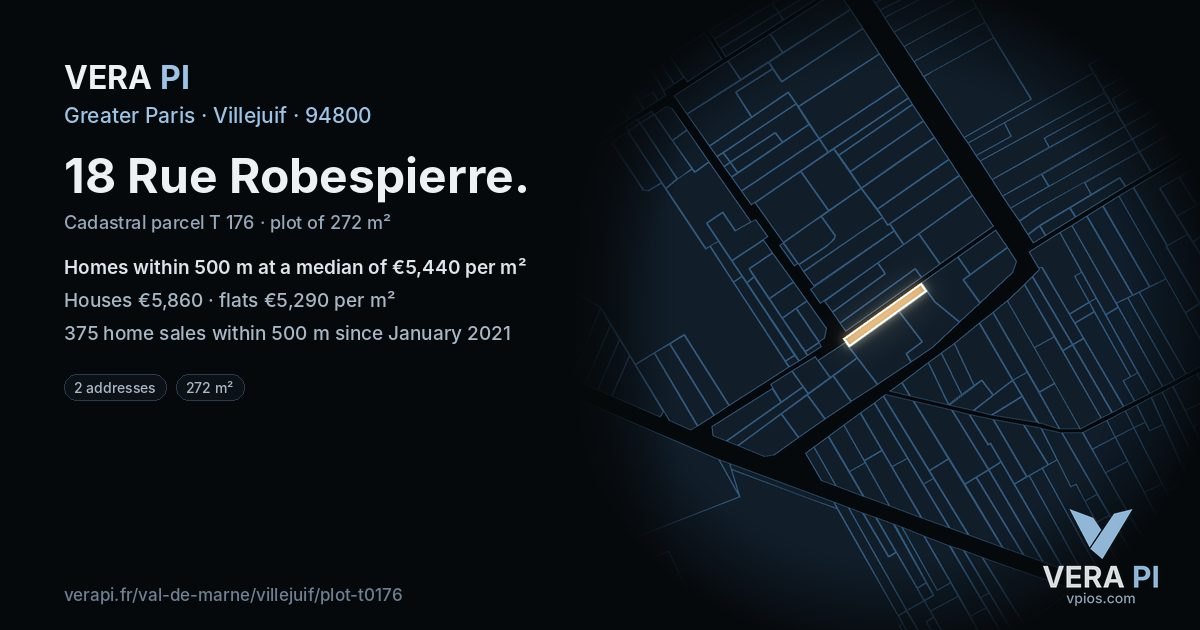 18 Rue Robespierre, Villejuif at night – the plot lit, the parcels around coloured by the prices near them
