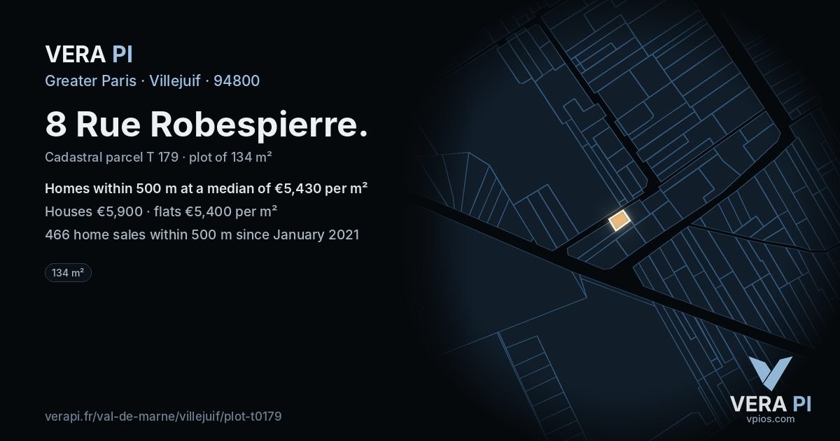 8 Rue Robespierre, Villejuif at night – the plot lit, the parcels around coloured by the prices near them