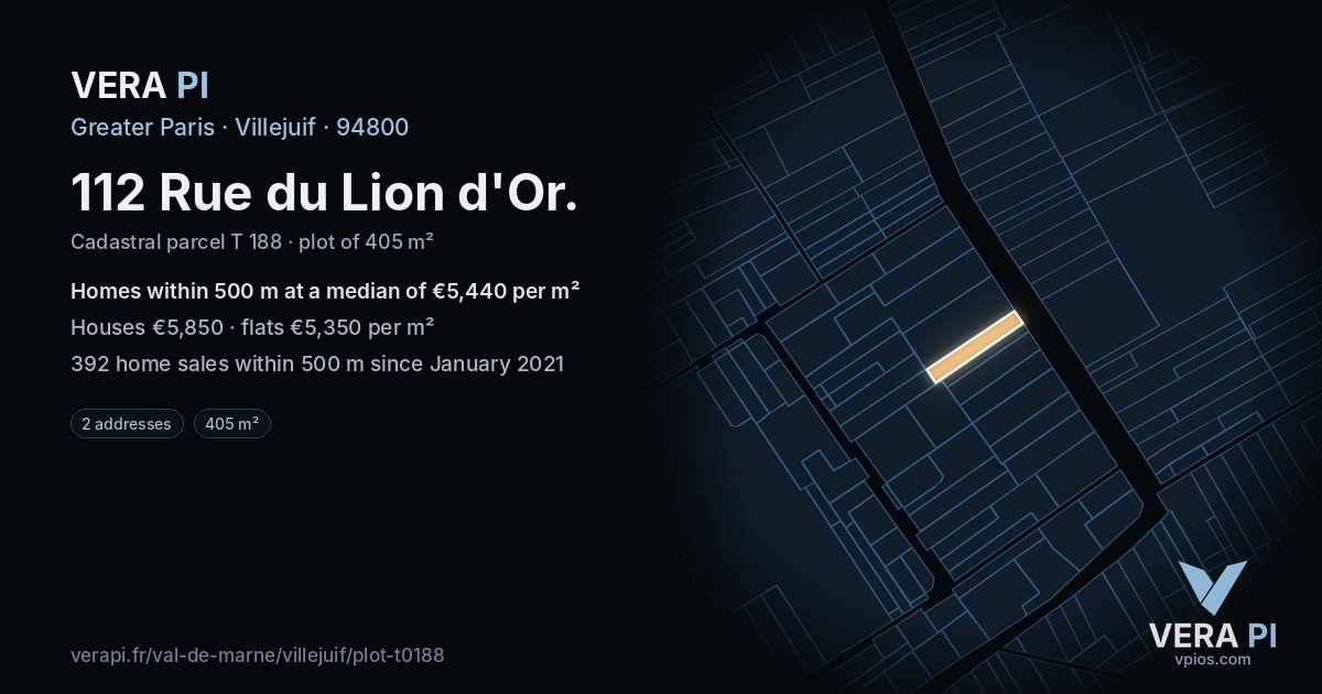 112 Rue du Lion d'Or, Villejuif at night – the plot lit, the parcels around coloured by the prices near them