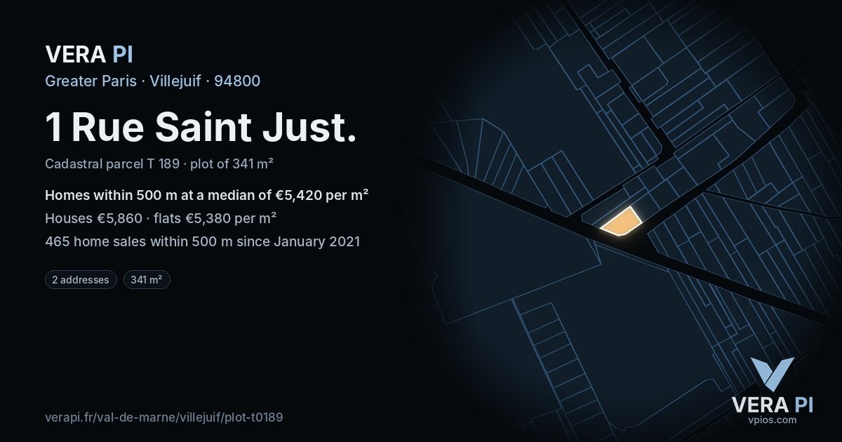 1 Rue Saint Just, Villejuif at night – the plot lit, the parcels around coloured by the prices near them