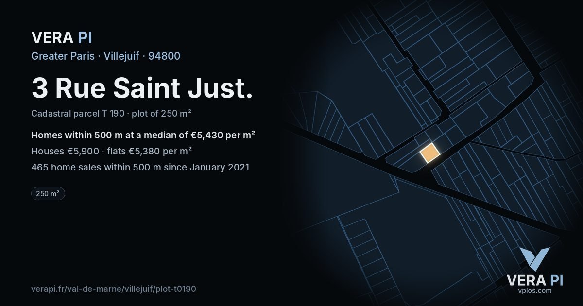 3 Rue Saint Just, Villejuif at night – the plot lit, the parcels around coloured by the prices near them