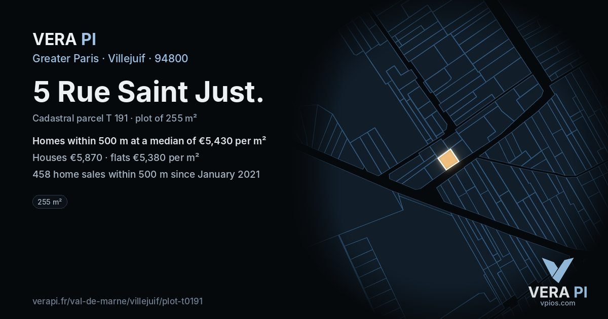 5 Rue Saint Just, Villejuif at night – the plot lit, the parcels around coloured by the prices near them