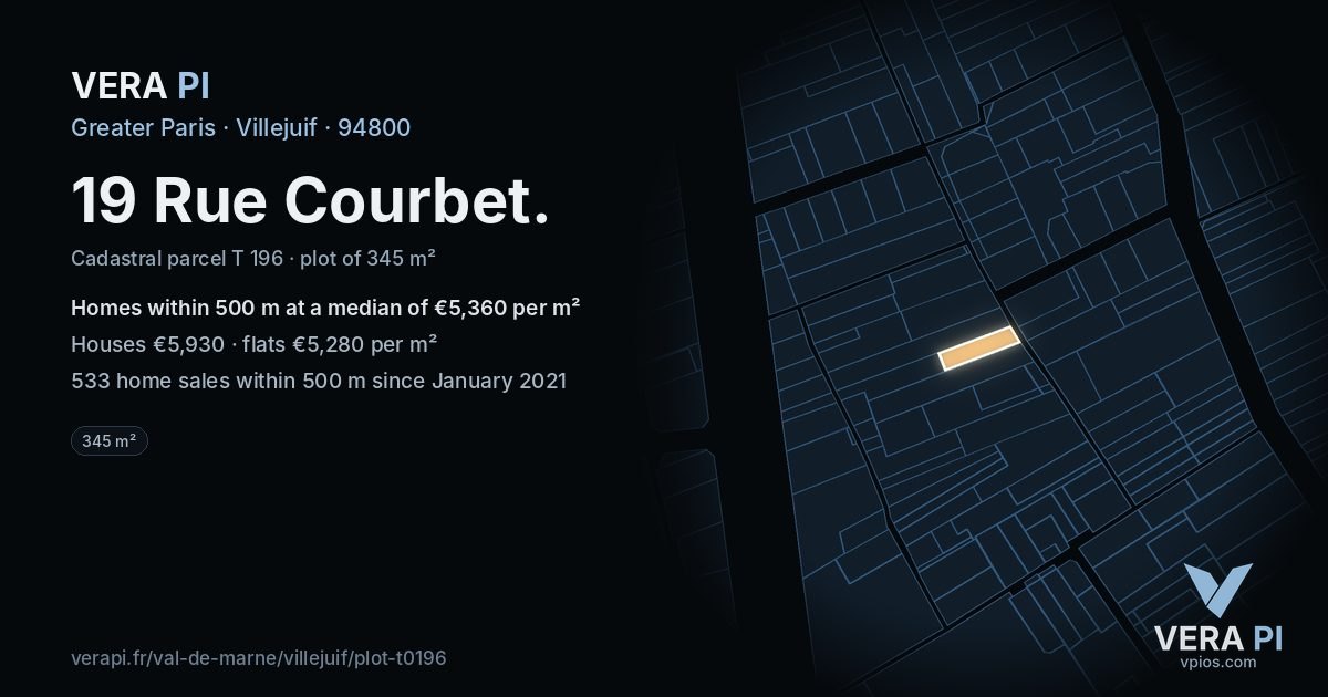 19 Rue Courbet, Villejuif at night – the plot lit, the parcels around coloured by the prices near them