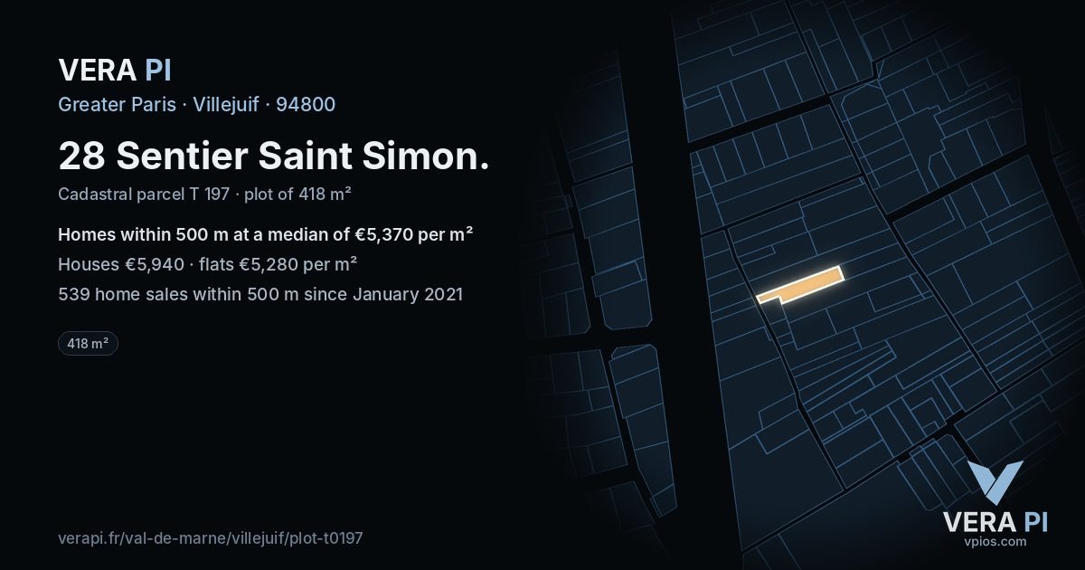 28 Sentier Saint Simon, Villejuif at night – the plot lit, the parcels around coloured by the prices near them
