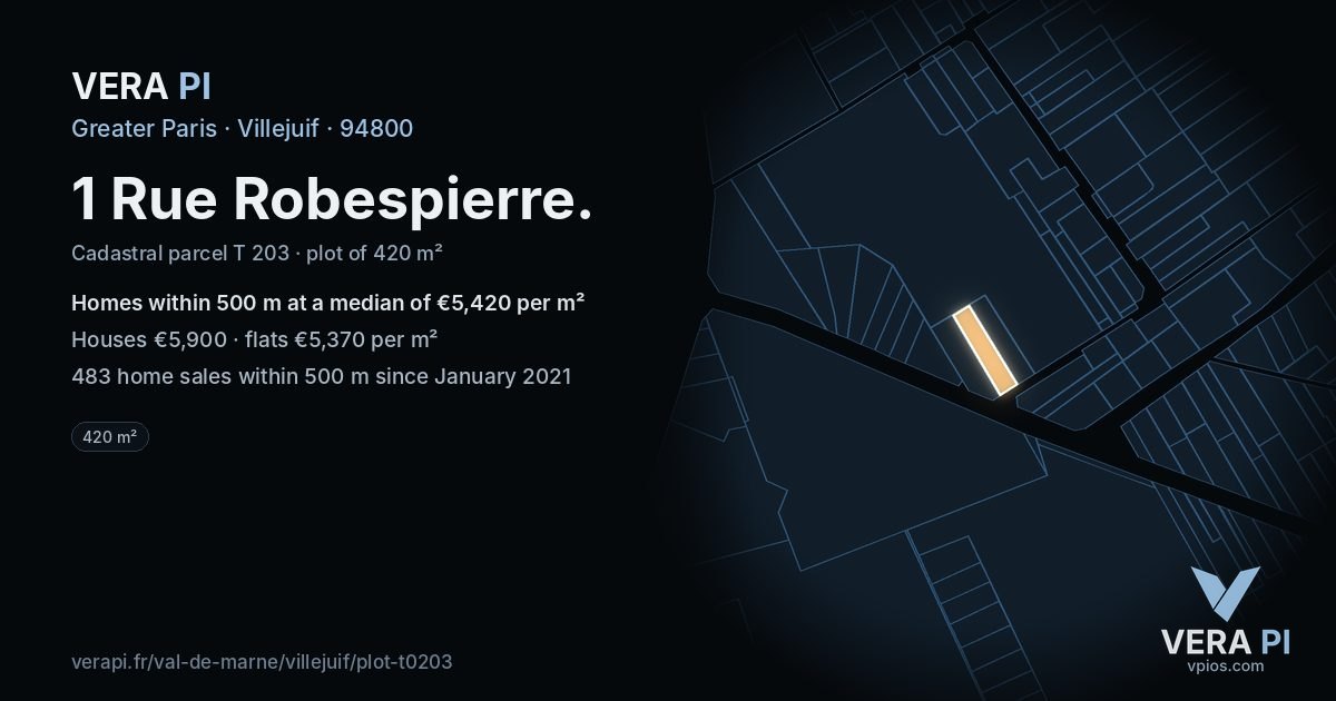 1 Rue Robespierre, Villejuif at night – the plot lit, the parcels around coloured by the prices near them