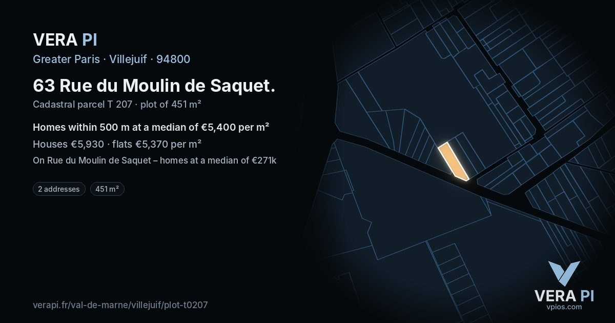 63 Rue du Moulin de Saquet, Villejuif at night – the plot lit, the parcels around coloured by the prices near them