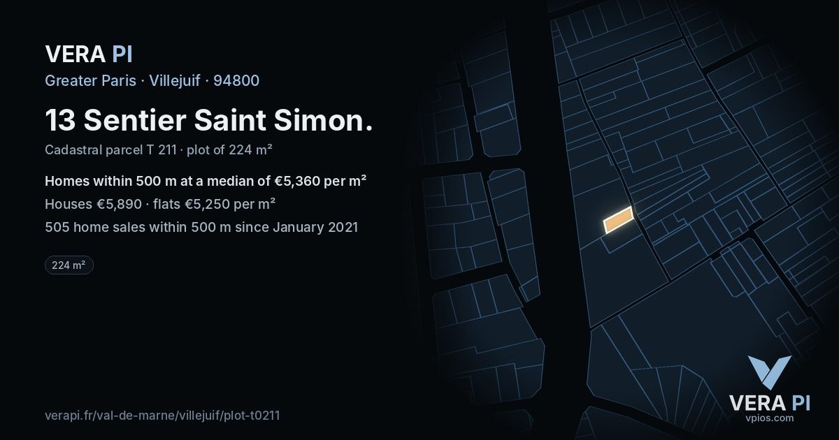 13 Sentier Saint Simon, Villejuif at night – the plot lit, the parcels around coloured by the prices near them