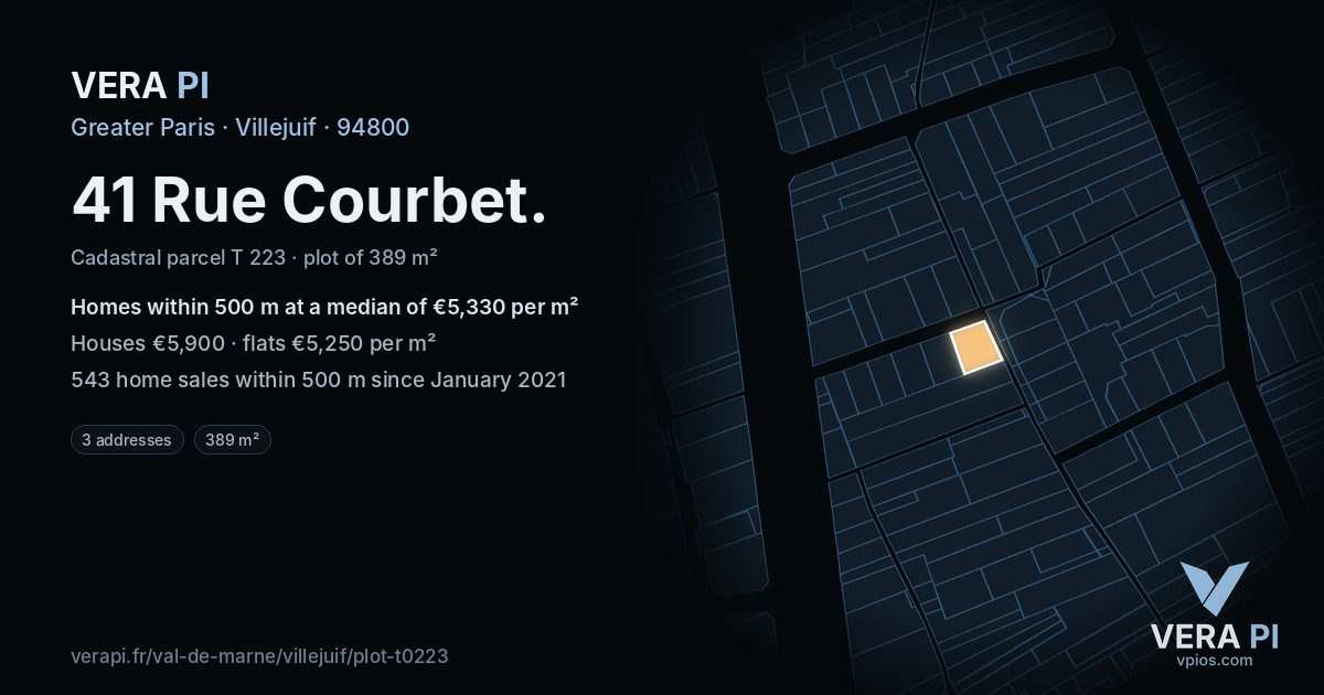 41 Rue Courbet, Villejuif at night – the plot lit, the parcels around coloured by the prices near them