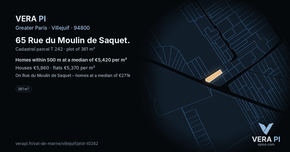 65 Rue du Moulin de Saquet, Villejuif at night – the plot lit, the parcels around coloured by the prices near them