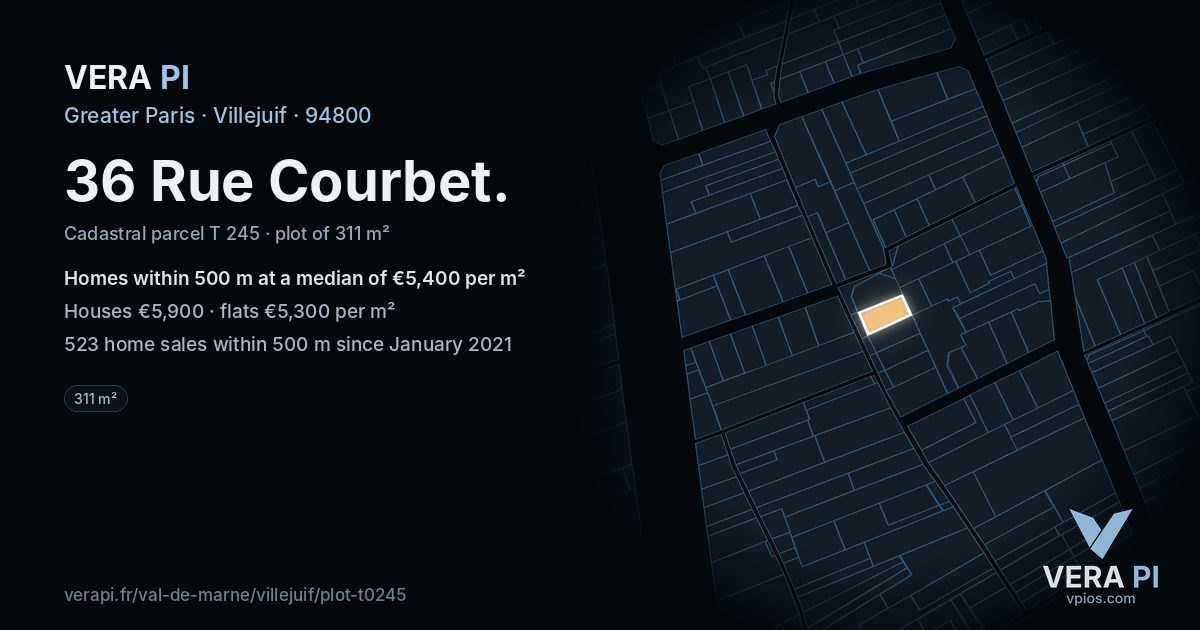 36 Rue Courbet, Villejuif at night – the plot lit, the parcels around coloured by the prices near them