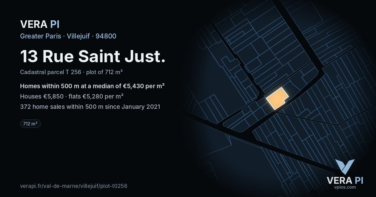 13 Rue Saint Just, Villejuif at night – the plot lit, the parcels around coloured by the prices near them
