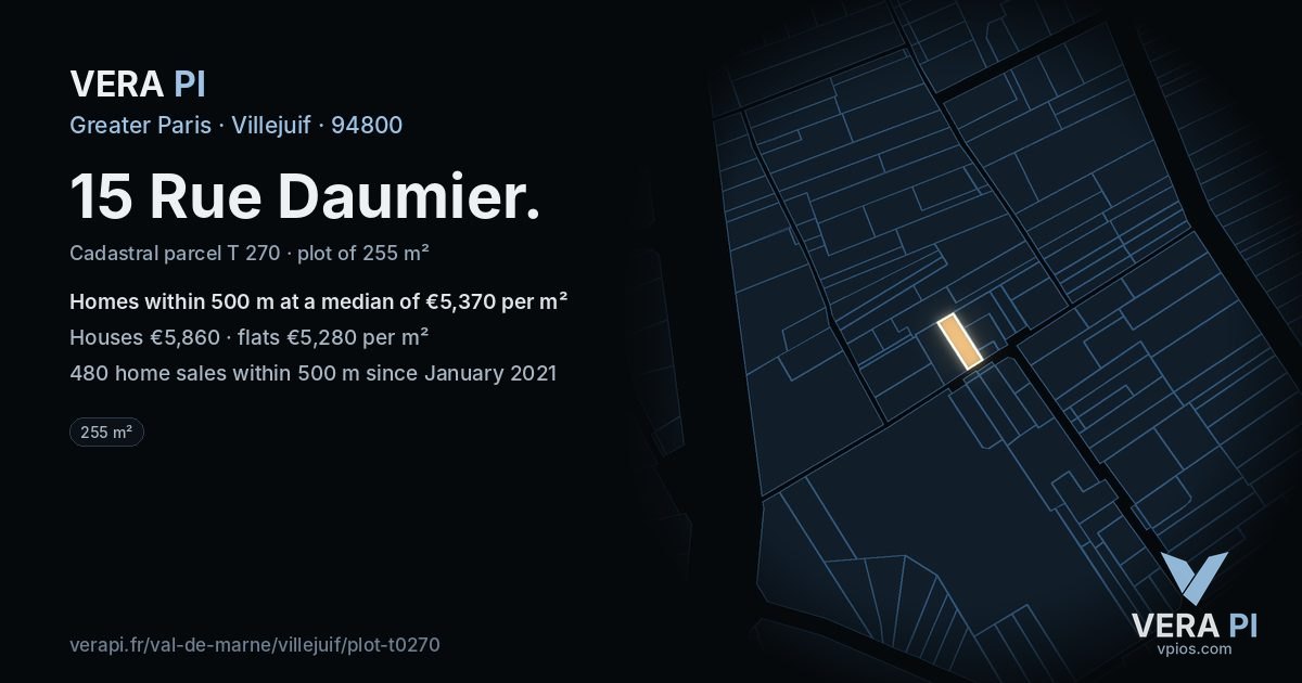 15 Rue Daumier, Villejuif at night – the plot lit, the parcels around coloured by the prices near them